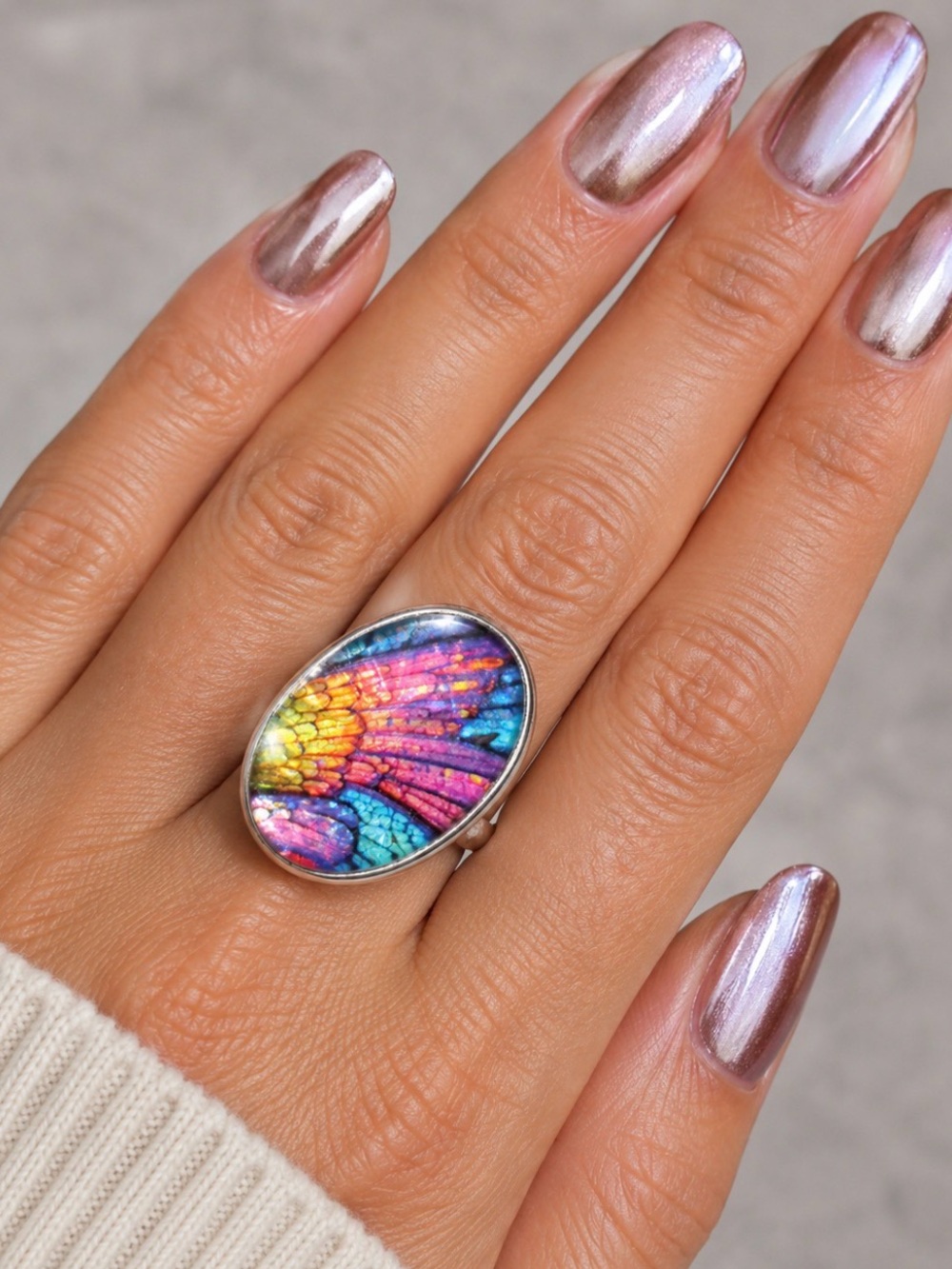 Doublet Rainbow Peacock Feather Ring